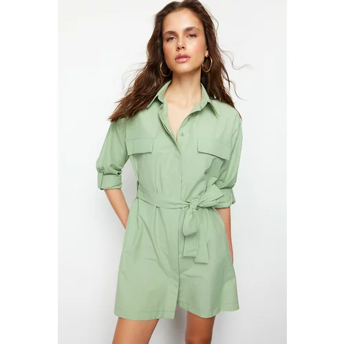 Trendyol Mint Belted Mini Woven Shirt Dress With Pocket