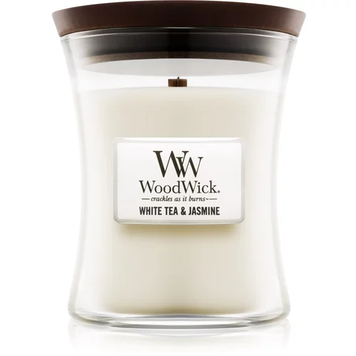 WoodWick White Tea & Jasmine mirisna svijeća s drvenim fitiljem 275 g