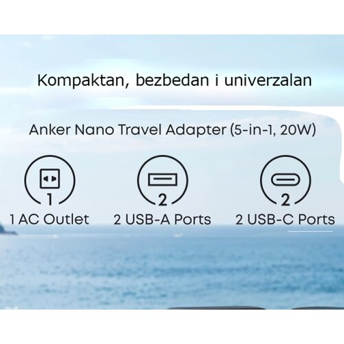 Anker Nano 20W putni zidni punjač 5-portova (2x USB-A, 2x USB-C, utičnica EU na US, UK, AU i EU), crni Slike