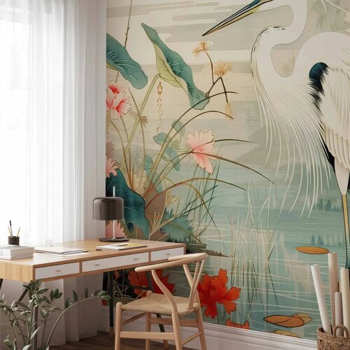  Foto tapeta - By an Asian pond - an illustration in the style of a Japanese engraving depicting a heron 200x140 Premium Cene