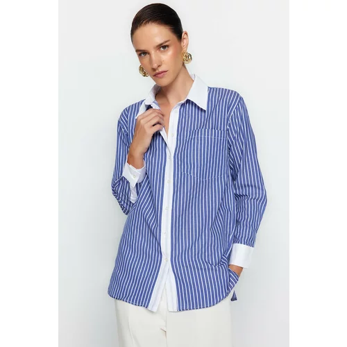 Trendyol Blue Striped Pocket Oversize Woven Shirt