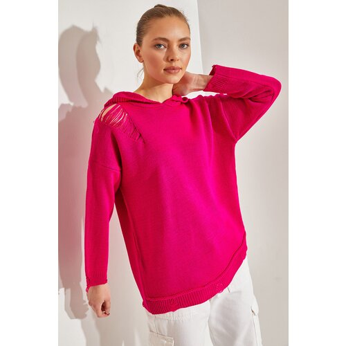 Bianco Lucci Women's Hooded Ripped Detail Knitwear Sweater Slike