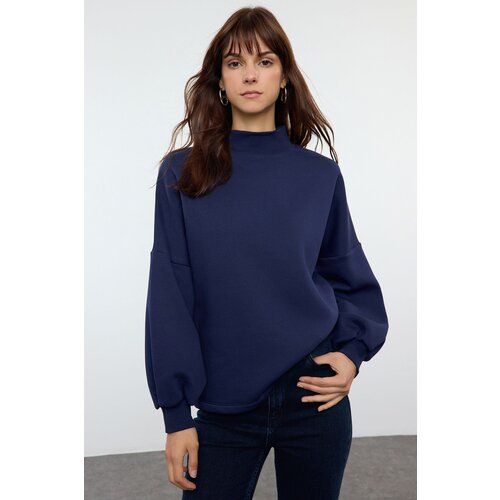 Trendyol Navy Blue Basic Oversize/Wide Pattern Half Turtleneck Thick Polar Fleece Knitted Sweatshirt Slike