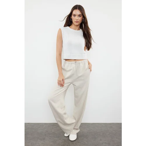 Trendyol Stone Waist Detailed Linen Blend High Waist Wide Leg Trousers