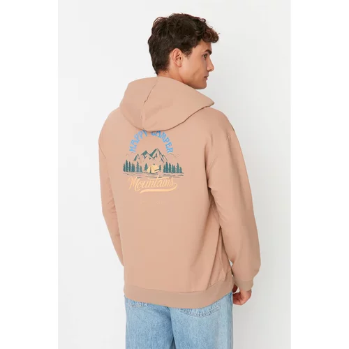 Trendyol Beige Men's Relaxed Fit Hooded Printed Long Sleeve Kangaroo Pocket Sweatshirt