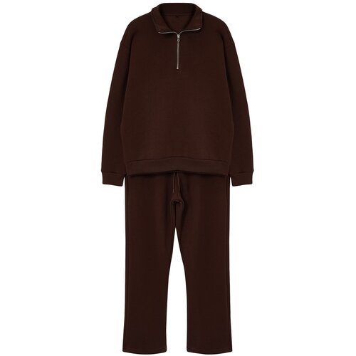 Trendyol brown oversize/wide cut stand collar zippered tracksuit Cene