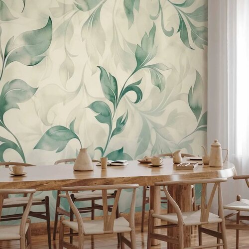  Foto tapeta - Watercolor Botanical Motif Delicate Green-Beige Leaves 350x256 Premium Slike