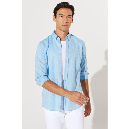 AC&Co / Altınyıldız Classics Men's Blue Slim Fit Slim Fit Button Down Collar Cotton Dobby Linen Shirt Slike