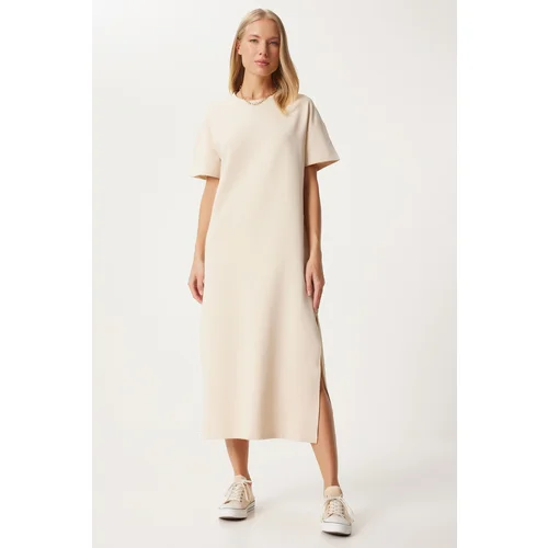 Happiness İstanbul Women's Cream Cotton Summer Casual Combed Dress