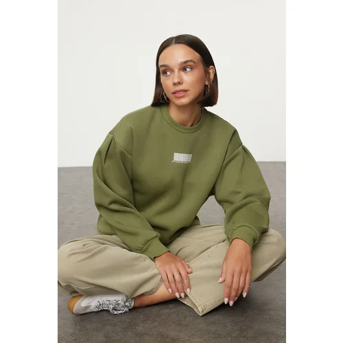 Trendyol Khaki Thick Fleece Inside Minimal Printed Balloon Sleeve Knitted Sweatshirt