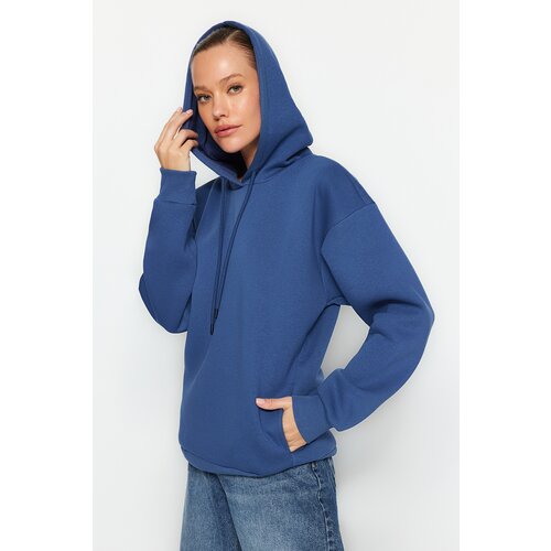 Trendyol Indigo Thick Fleece Inside, Pocket Detailed Hooded Regular/Regular Knitted Sweatshirt Slike
