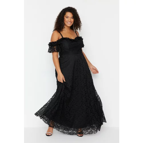 Trendyol Curve Black Sleeves Lace Embroidered Dress