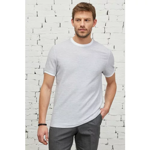 ALTINYILDIZ CLASSICS Men's White-gray Comfort Fit Loose-fitting Crew Neck Cotton Jacquard T-Shirt.