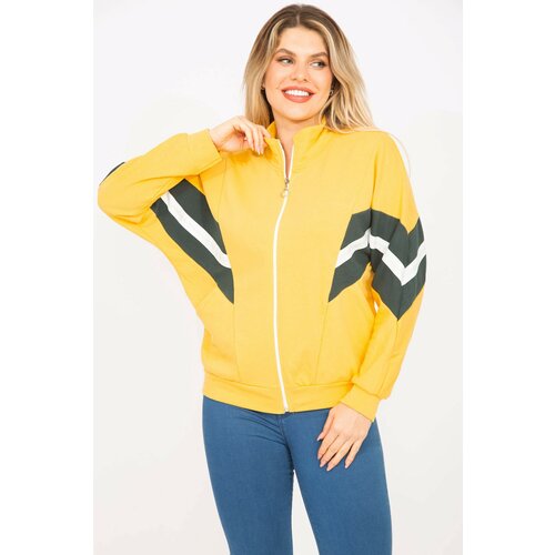 Şans Women's Plus Size Yellow 2 Thread Fabric Front Zipper And Stripe Detailed Sweatshirt Cene