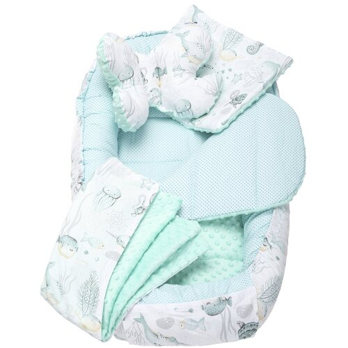 Medi Partners Cocoon in a 5-piece set (cocoon / insert / butterfly pillow / flat pillow / quilt 75x55) &amp;ndash; Ocean + minty minky Slike