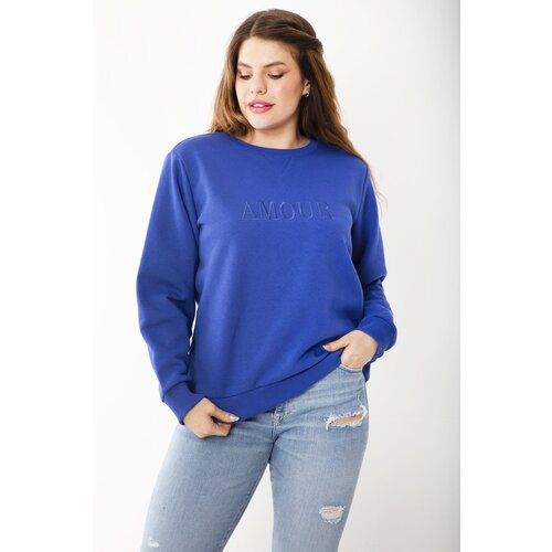 Şans Women's Plus Size Saxe Blues Front Embroidery Printed Sweatshirt Slike