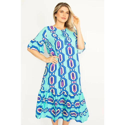 Şans Women's Plus Size Turquoise Woven Viscose Fabric Flounce Sleeve Layered Hem Dress