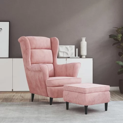  Fotelja s krilnim naslonom i tabureom ružičasta baršunasta