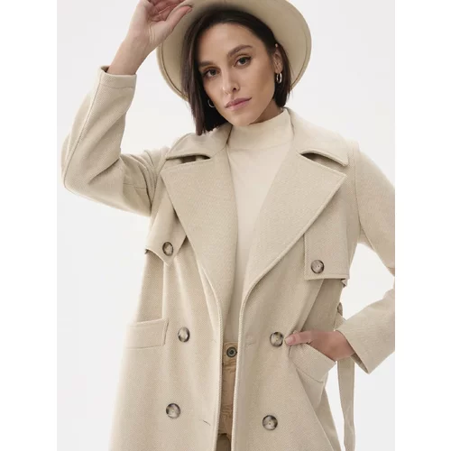 Blue Shadow Beige double-breasted coat with belt