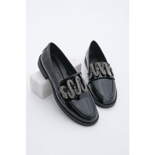 Marjin Women's Loafer Stoned Casual Shoes Alseka Black Patent Leather Slike