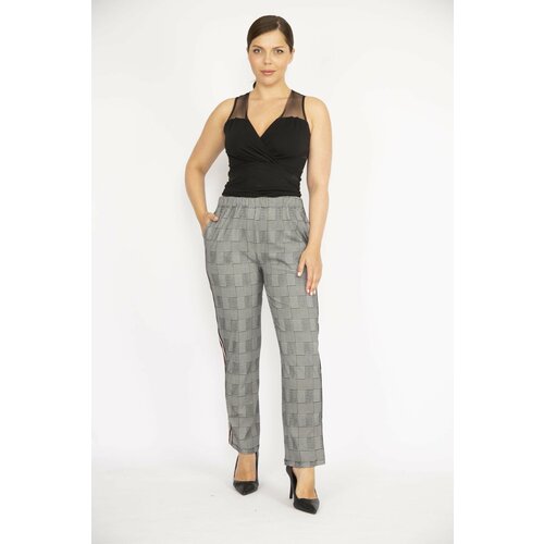 Şans Women's Gray Plus Size Checkered Trousers with Elastic Waist and Side Stripe Detail. Slike