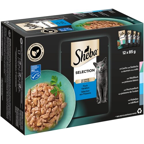  Večkratno pakiranje Sheba različice v vrečkah za ohranjanje svežine 12 x 85 g - Selection v omaki (losos in morski losos; bela riba; plava riba; polenovka) Cijene