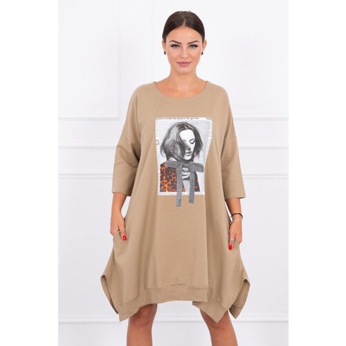 Kesi Dress with print and flared bottom camel Slike