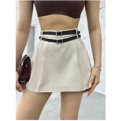 BİKELİFE Women's Waist Double Belt Pleated Shorts Skirt