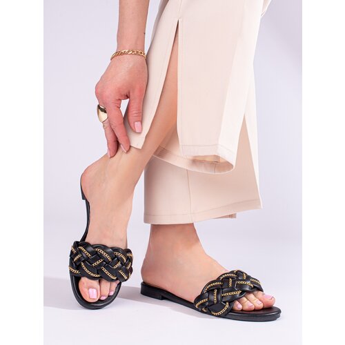 SHELOVET Elegant black slippers with chain Slike