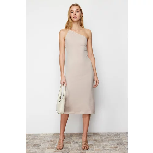 Trendyol Stone Unlined One Shoulder A-Line/A-Line Form Midi Smart Crepe Strap Knitted Dress