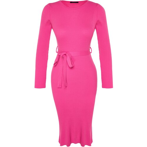 Trendyol Pink Midi Knitwear Dress With Belt Detail Slike