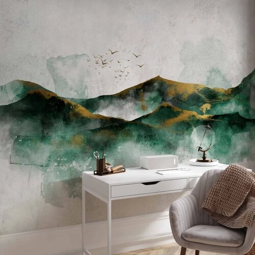  Foto tapeta - Abstract landscape - green mountains with golden patterns and birds 250x175 Premium Slike