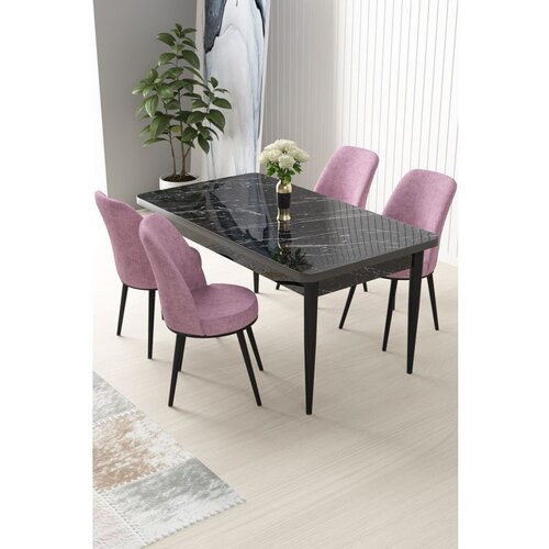 Hanah home Nil - Black Marble, Pink Black MarblePink Dining Table & Chairs Set (5 Pieces) Cene
