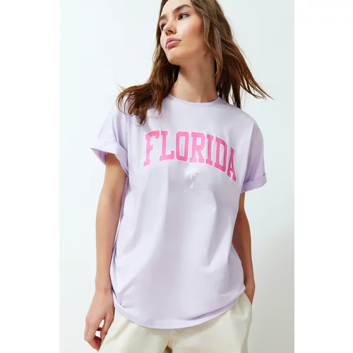 Trendyol Lilac Oversize Printed Crew Neck Short Sleeve Knitted T-Shirt