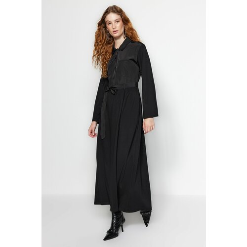Trendyol Black Belted Satin Detailed Cotton Knitted Dress with Pocket Slike