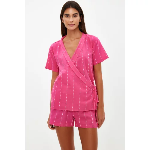 Trendyol Fuchsia Striped 100% Cotton Wide Fit Shirt-Shorts Woven Pajama Set