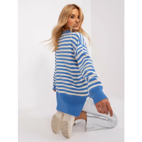 Fashion Hunters Blue and ecru striped oversize knitted sweater