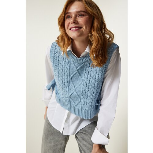 Happiness İstanbul Women's Sky Blue Motif Tie Crop Knitwear Sweater Slike