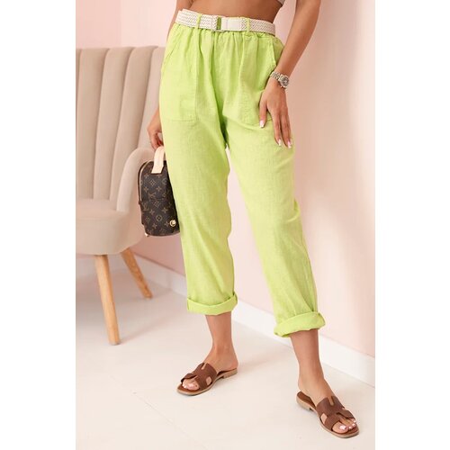 Kesi Włoski Women's linen cotton pants with a belt bright green Cijene