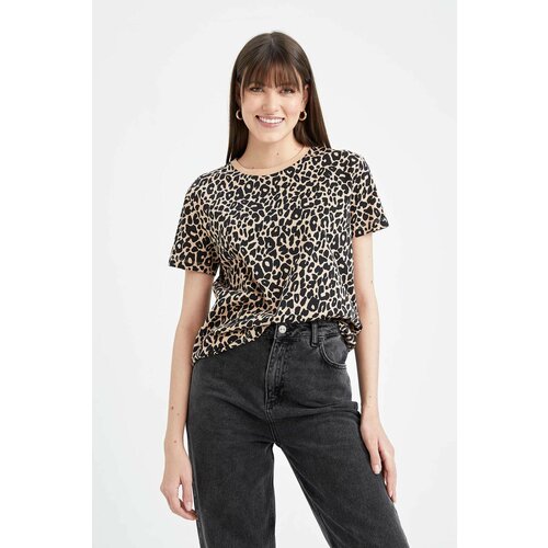 Defacto Regular Fit Crew Neck Leopard Patterned Short Sleeve T-Shirt Cene