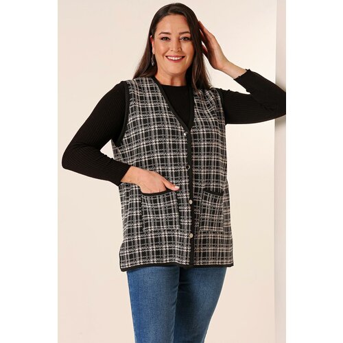 By Saygı Plus Size Knitwear Vest with Metal Buttons on the Front, Plaid Pattern and Pockets Cene