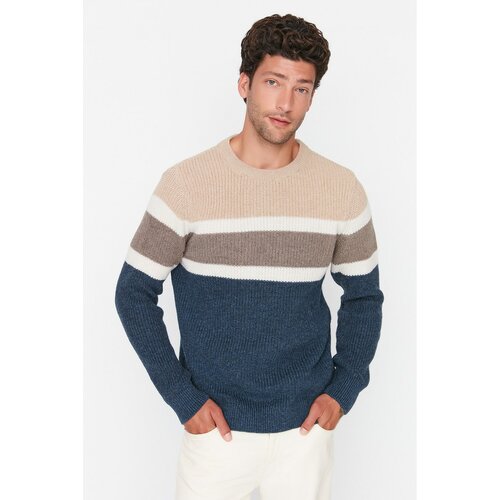 Trendyol Beige Men's Slim Fit Crew Neck Paneled Knitwear Sweater Cene