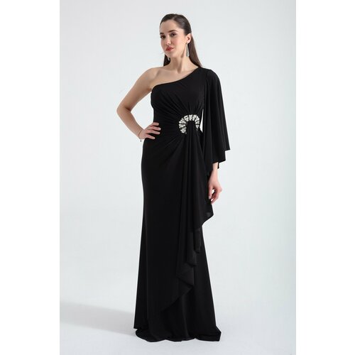 Lafaba Women's Black One-Shoulder Stone Detailed Long Evening Dress Slike