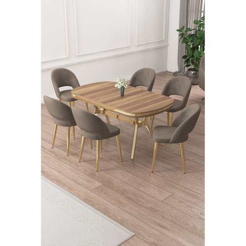 Hanah home trpezarijski set Jita, sto i 6 stolica, ploča u dekoru Hazar, zlatne noge, kapućino tkanina Babyface Cene