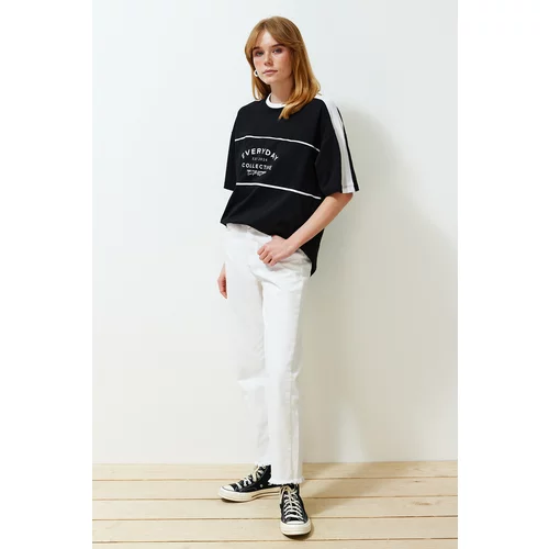 Trendyol Black 100% Cotton Color Block Slogan Oversize/Wide Fit Knitted T-Shirt