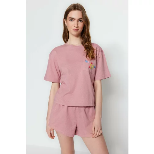 Trendyol Pink Cotton Motto Printed T-shirt-Shorts Knitted Pajamas Set