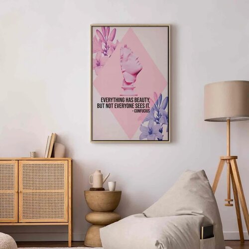 Slika - Beauty in the Eyes - Inspirational Quote with Pink Bust and Flowers 80x120 U prirodnom drvenom okviru Slike