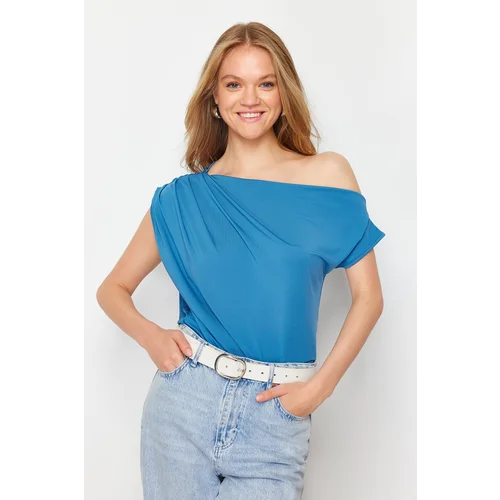 Trendyol Indigo Regular/Normal Fit Asymmetric Collar Zero Sleeve Flexible Knitted Blouse