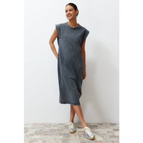 Trendyol Anthracite Faded Effect 100% Cotton Moon Sleeve Shift/Relaxed Cut Midi Knitted Midi Dress Slike