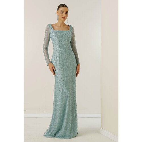 By Saygı Square Collar, Lined, Wide Size Evening Long Dress with Cut Stones. Slike